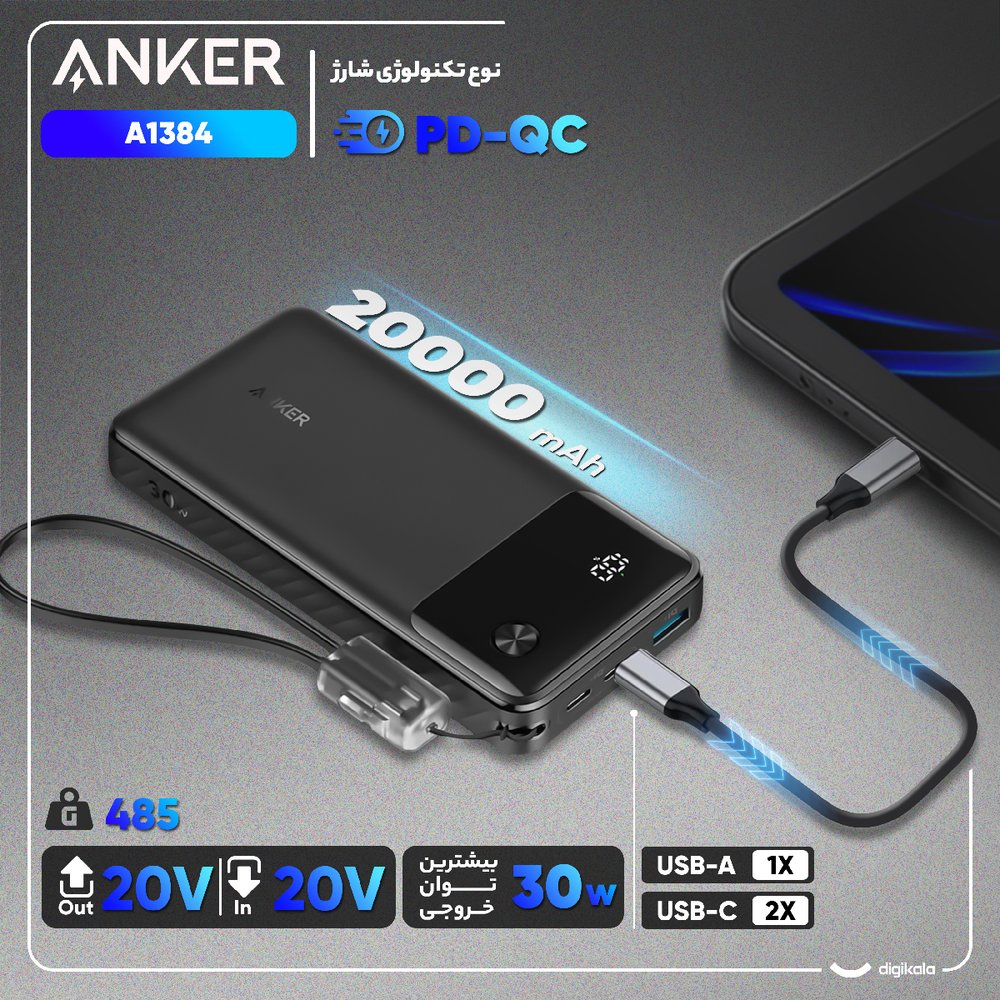 پاوربانک 30 وات انکر مدل A1384 ظرفیت 20000 میلی آمپر ساعت به همراه کابل USB-C - تصویر 3